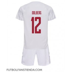 Dinamarca Kasper Dolberg #12 Segunda Equipación Niños Mundial 2022 Manga Corta (+ Pantalones cortos)